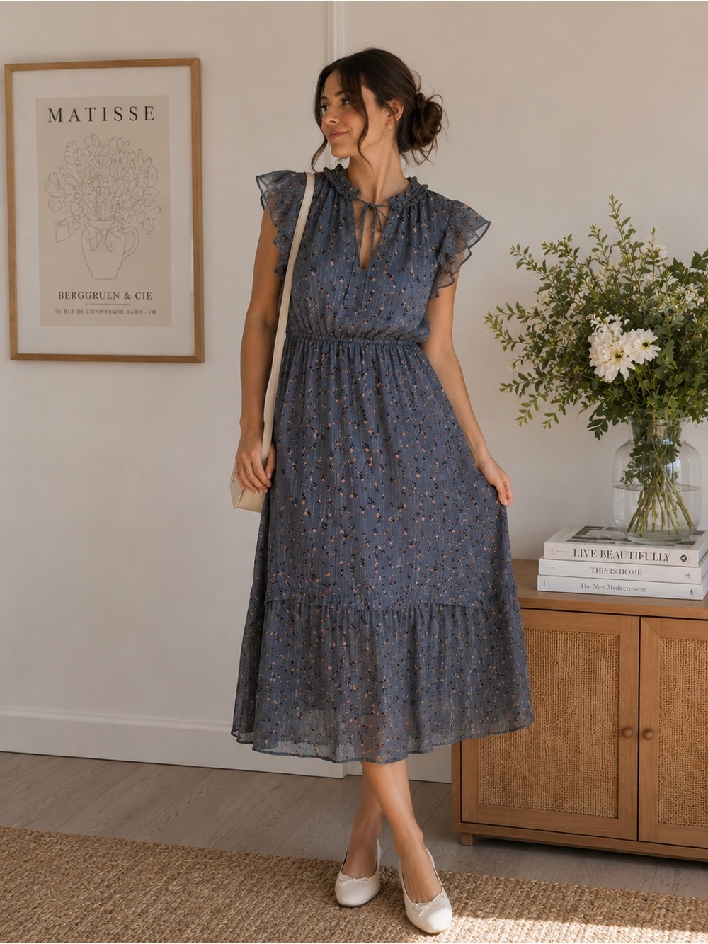 Blue Garden Floral Ruffle Midi Dress Romantic Cottagecore Medium Flowy Wedding